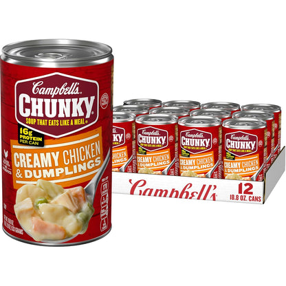 Campbell’s Chunky Creamy Chicken and Dumplings Soup in an 18.8 oz can, featuring hearty chicken and tender dumplings.