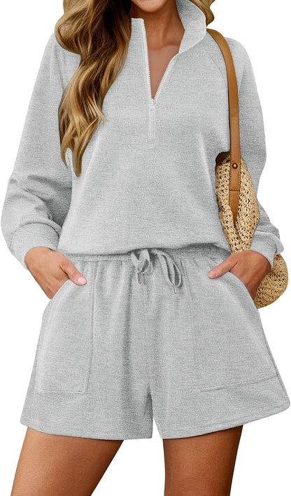 KISSMODA women's lounge set with matching sweattop and shorts, comfortable casual outfit for relaxing or lounging at home.