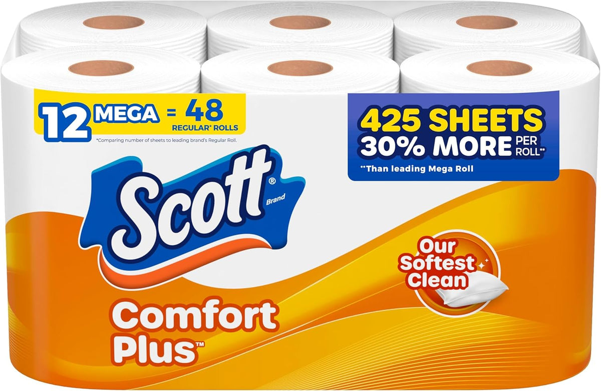 Scott ComfortPlus toilet paper, 12 triple rolls with 231 sheets per roll, septic-safe, 1-ply tissue for bathroom use