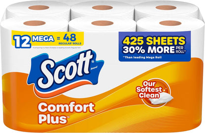Scott ComfortPlus toilet paper, 12 triple rolls with 231 sheets per roll, septic-safe, 1-ply tissue for bathroom use