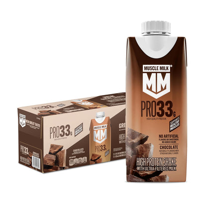 Muscle Milk Pro Liquid High Protein Shake in chocolate flavor, ready-to-drink, 11 fl oz bottle, pack of 12.