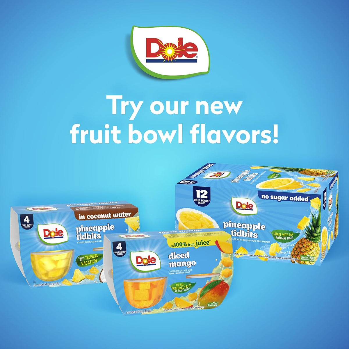 Dole diced peaches in 4 oz fruit snack cups, 12-pack, showing fresh peach chunks in clear plastic containers.