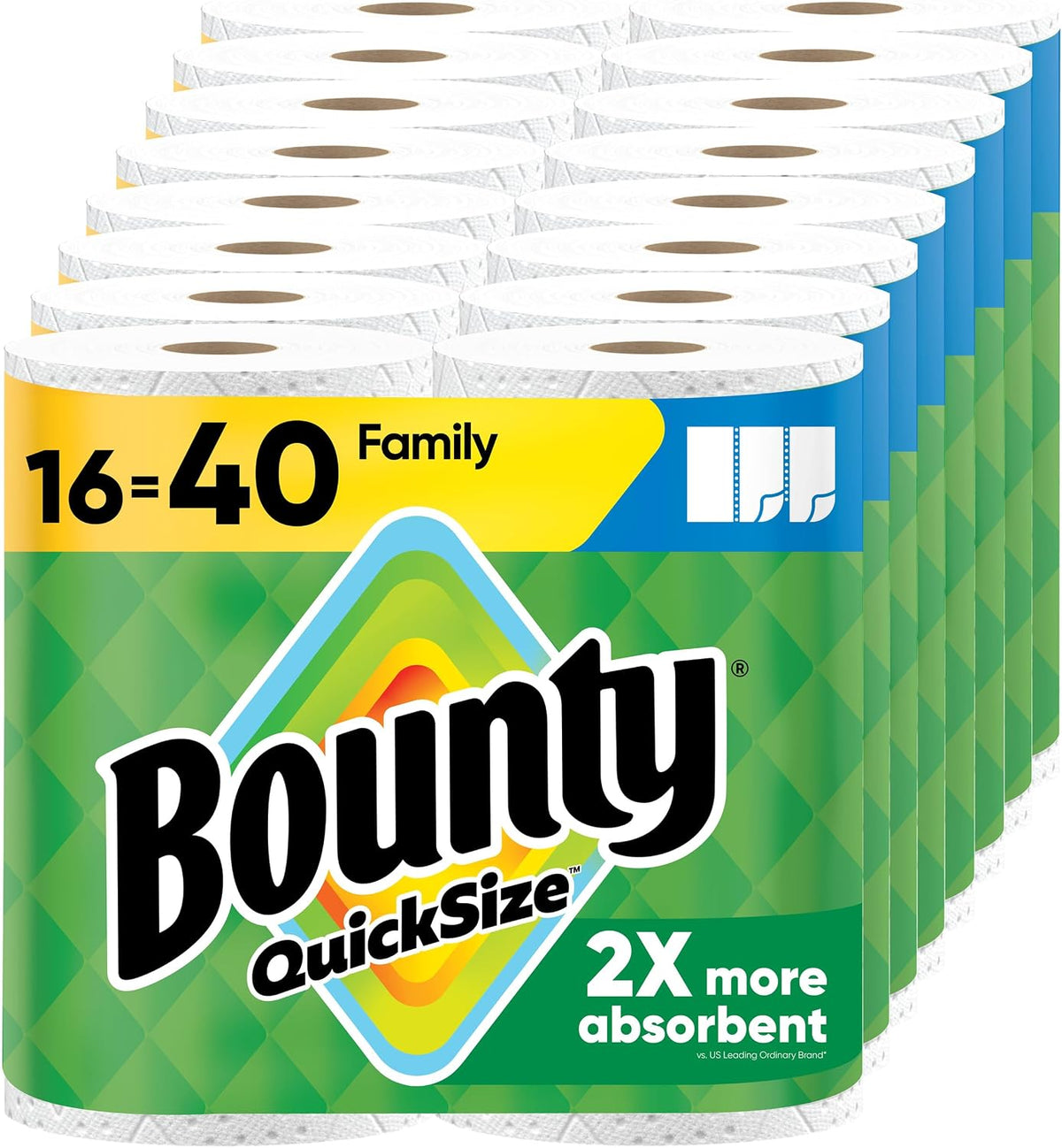 White Bounty paper towels in quick size, 16 family rolls equivalent to 40 regular rolls, shown in a clean, folded bundle.