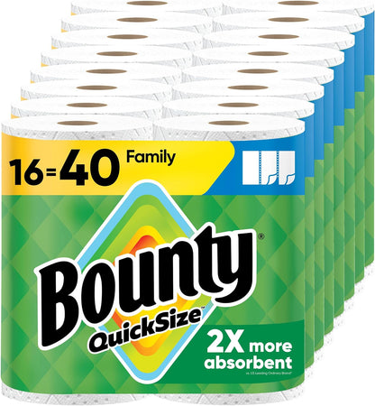White Bounty paper towels in quick size, 16 family rolls equivalent to 40 regular rolls, shown in a clean, folded bundle.