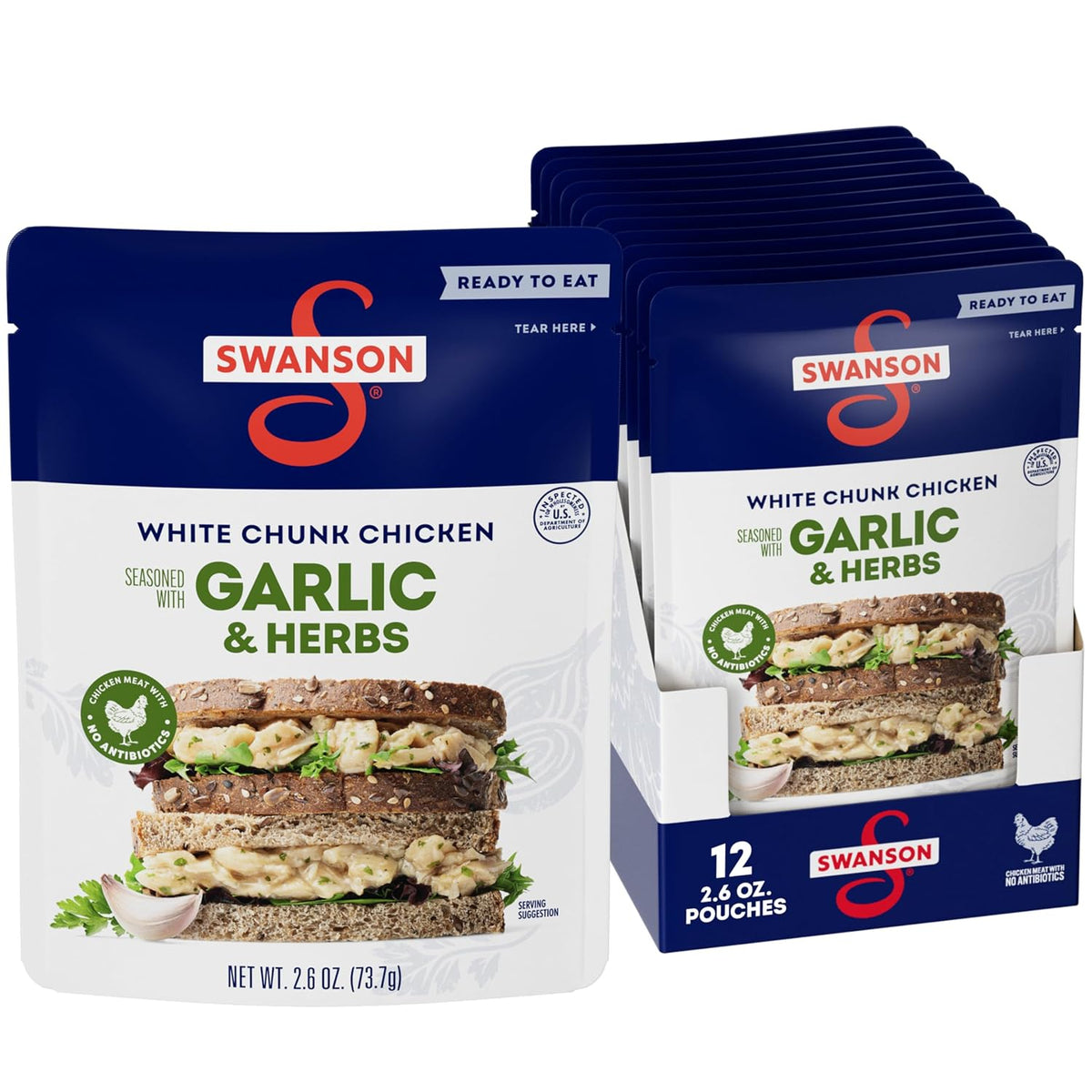 Swanson S white premium chunk canned chicken in water, 4 cans of 2.4 oz each, ready for cooking or salads.