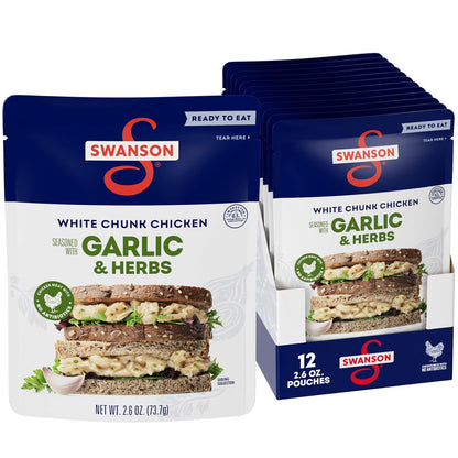 Swanson S white premium chunk canned chicken in water, 4 cans of 2.4 oz each, ready for cooking or salads.