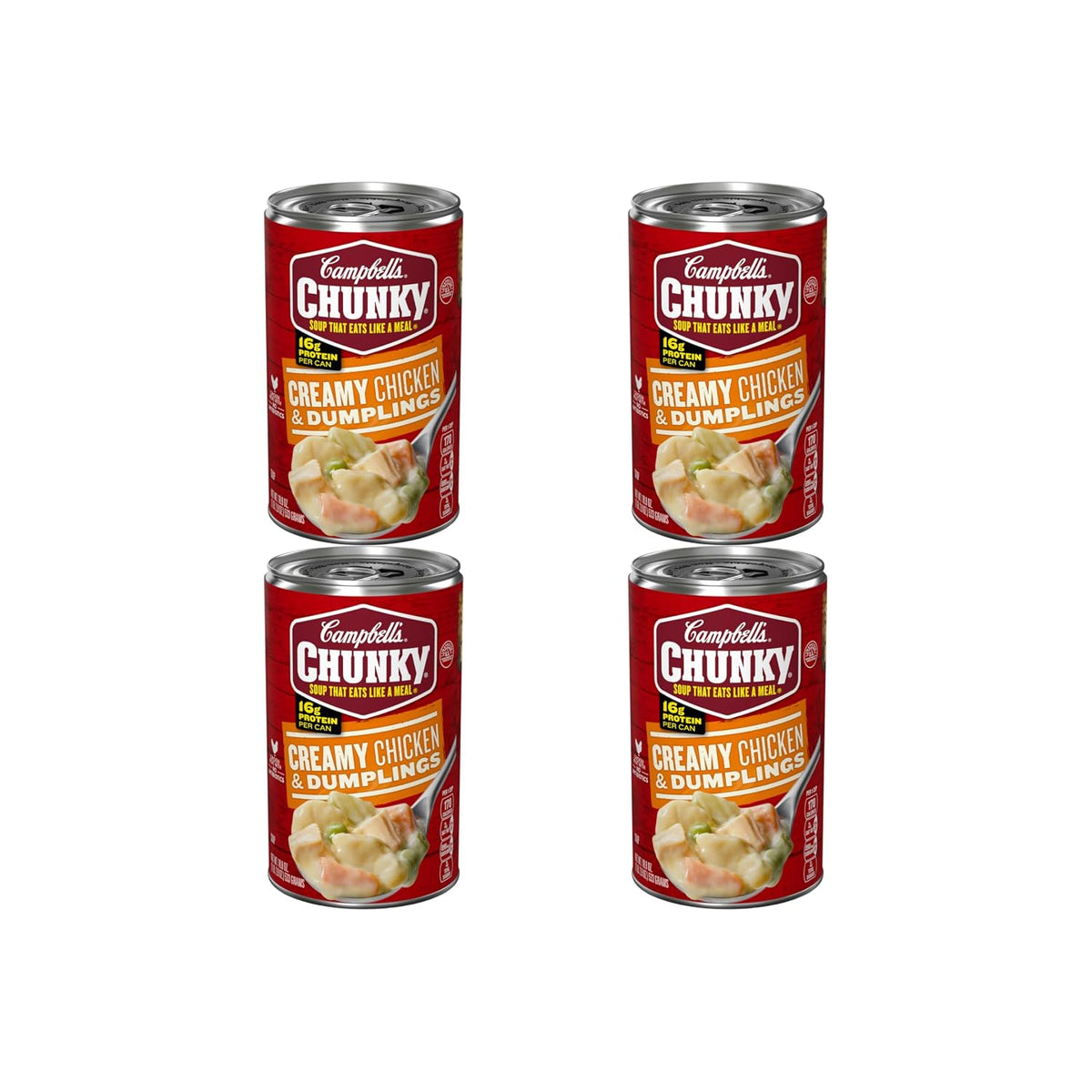 Campbell's Chunky Creamy Chicken and Dumplings Soup in an 18.8 oz can, showing the product label and soup can design.