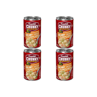 Campbell's Chunky Creamy Chicken and Dumplings Soup in an 18.8 oz can, showing the product label and soup can design.