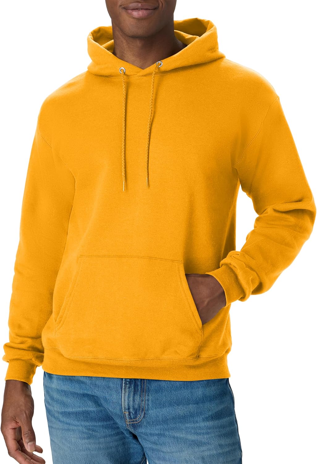 Hanes men's eco-friendly fleece hoodie with a drawstring hood, featuring a cozy midweight fabric, available in big and tall sizes.