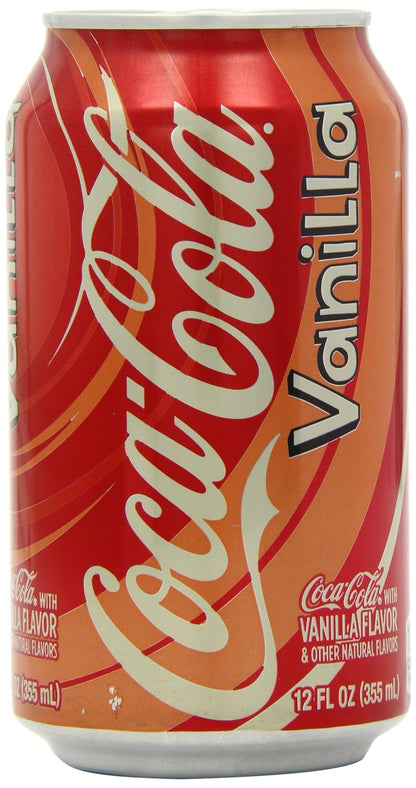 Coca-Cola Cherry soda soft drink cans, 12 fl oz each, in a 12-pack, featuring red and white branding with cherry flavor labels.