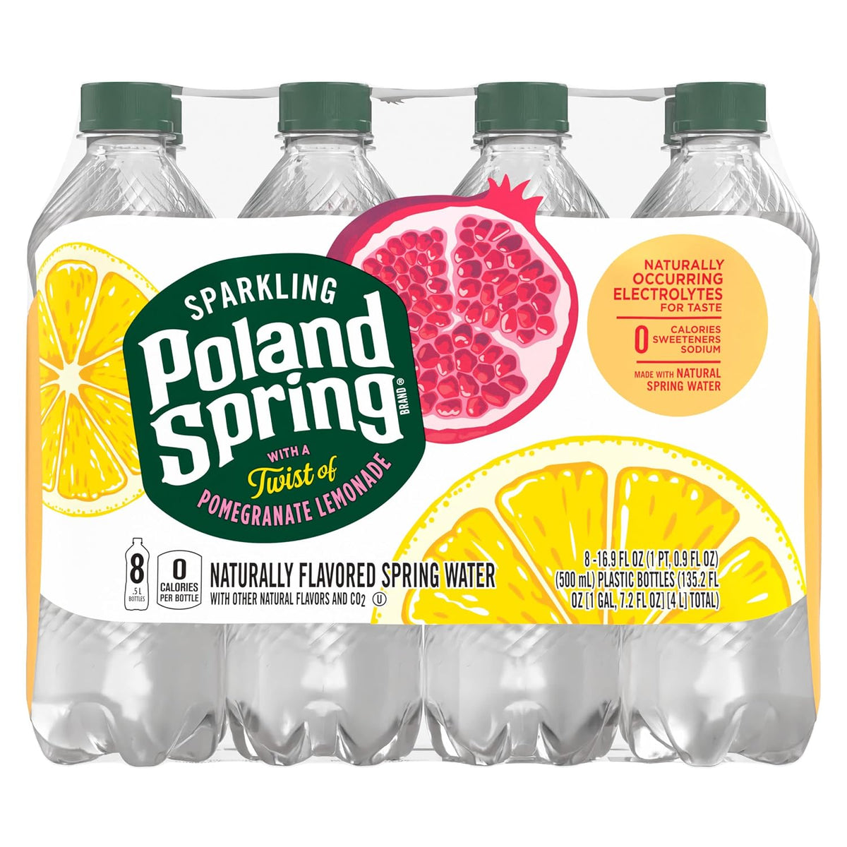 Poland Spring sparkling water bottles with pomegranate lemonade flavor, 16.9 oz. each, in a pack of 8, showing colorful label and clear bottles.