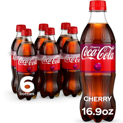 Coca-Cola Cherry soda cans, 12 fl oz, 12-pack, featuring red cans with Coca-Cola Cherry branding and logo.
