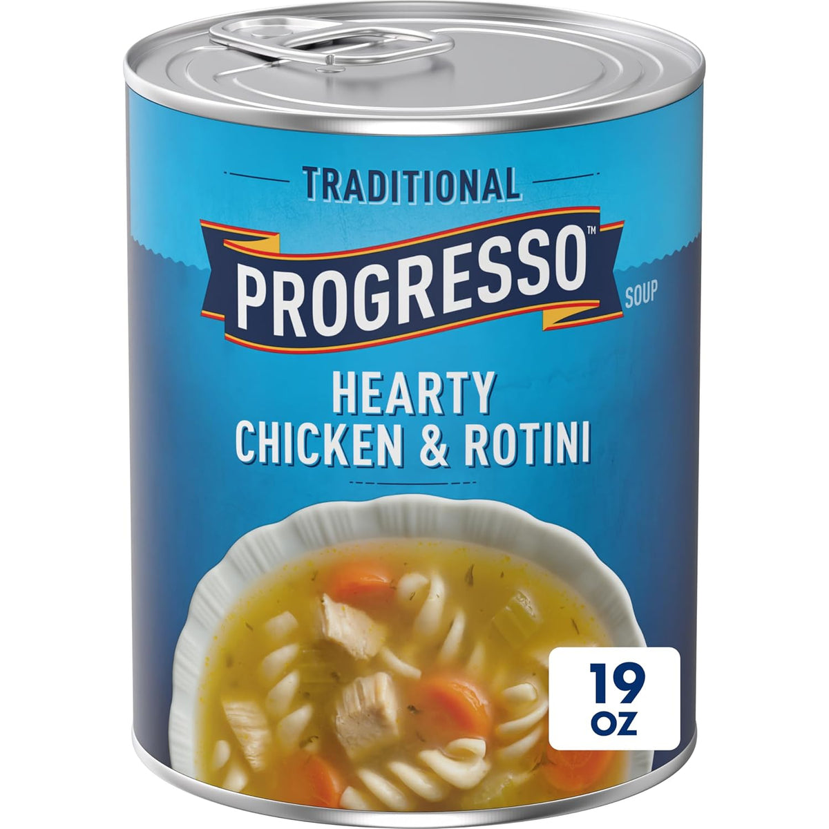Canned Progresso Traditional Chicken Noodle Soup in 19 oz cans, 4-pack, featuring a bowl of soup with chicken and noodles.