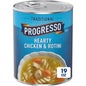Canned Progresso Traditional Chicken Noodle Soup in 19 oz cans, 4-pack, featuring a bowl of soup with chicken and noodles.