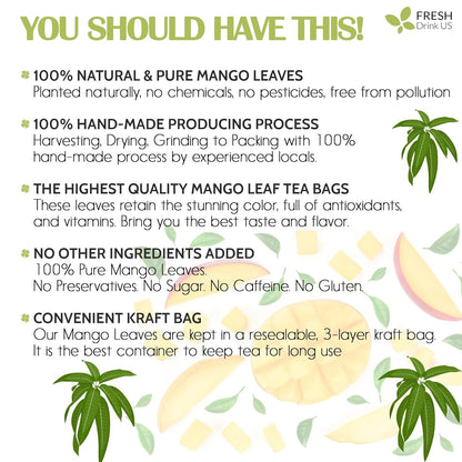 Whole dried mango leaf herbal tea from FreshDrinkUS, natural, caffeine-free, vegan tea leaves for healthy mango leaf tea infusion.