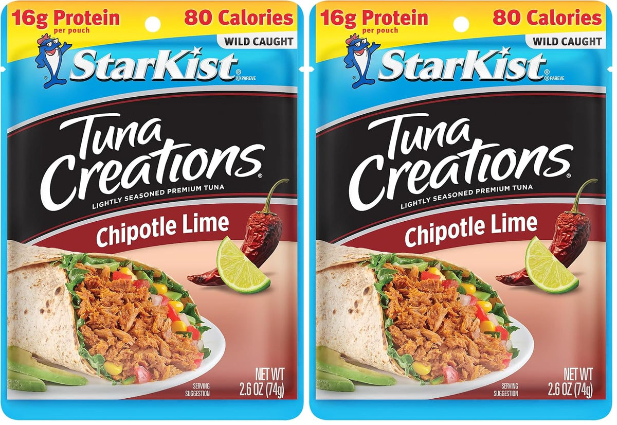 StarKist Tuna Creations Chipotle Lime packaged tuna pouch, 2.6oz, 24-pack, with colorful label and seafood product visible