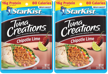 StarKist Tuna Creations Chipotle Lime packaged tuna pouch, 2.6oz, 24-pack, with colorful label and seafood product visible