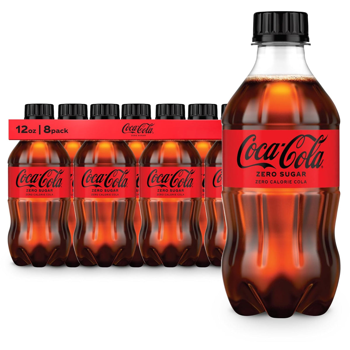 Coca-Cola Zero Sugar soft drink cans in a 12-pack, 12 fl oz each, inside a fridge pack, showcasing the Coca-Cola Zero branding.