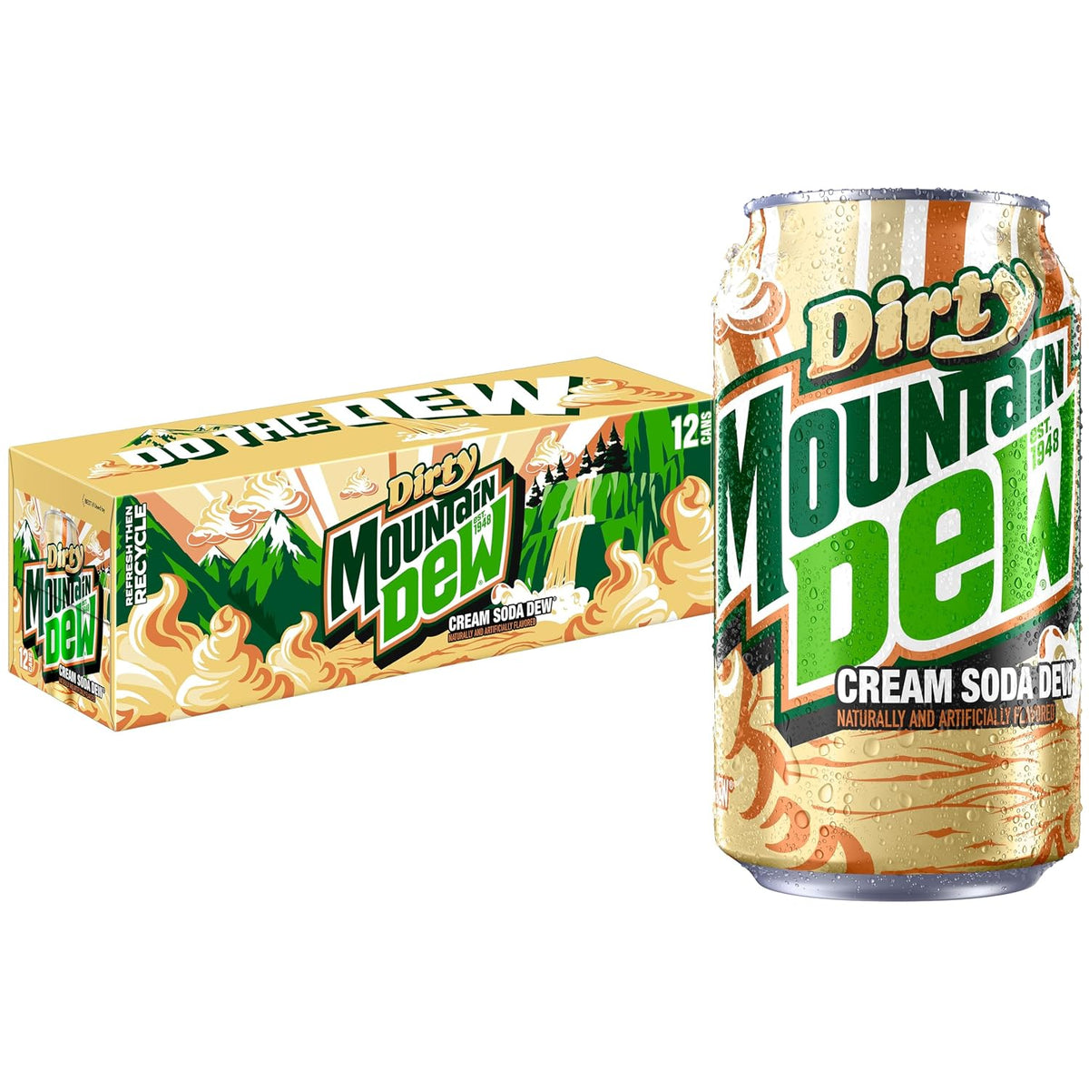 12-pack of Mountain Dew Dirty Dew soda cans, 12oz full sugar soft drinks with bold branding and colorful can design.