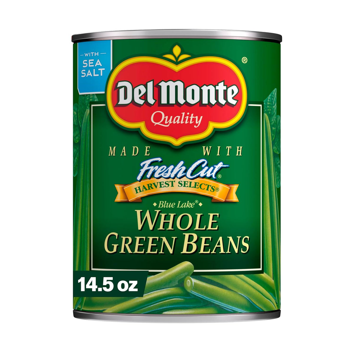 Canned green beans by Del Monte Harvest Selects Blue Lake in a 14.5 oz can, shown alongside other cans in the 12-pack.