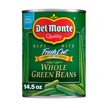 Canned green beans by Del Monte Harvest Selects Blue Lake in a 14.5 oz can, shown alongside other cans in the 12-pack.