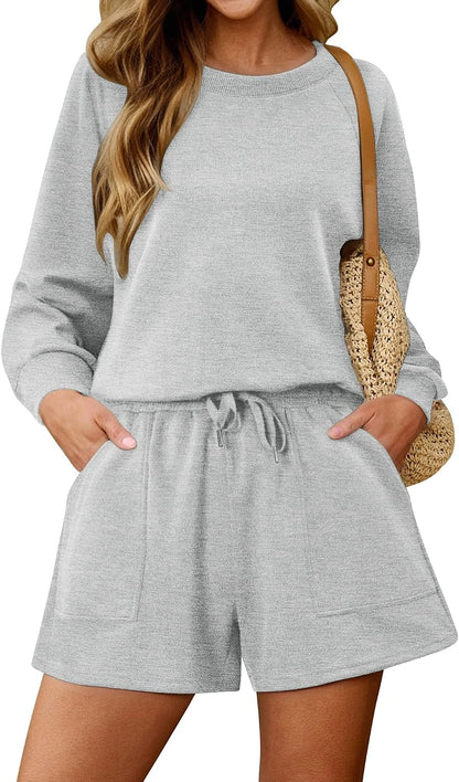 KISSMODA women's lounge set with matching sweatshirt and shorts, comfortable casual wear for relaxing or lounging at home.