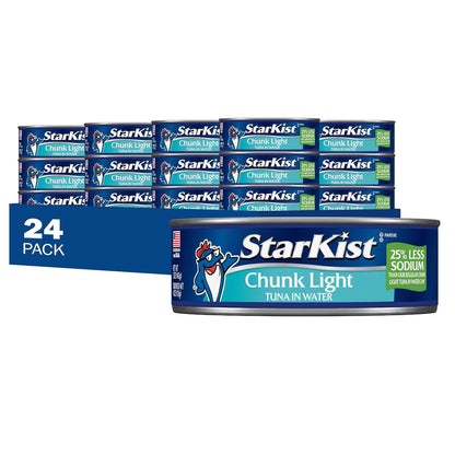 Eight 5oz cans of StarKist Chunk Light Tuna in water, stored in a pantry pack, ready for cooking or snacking.