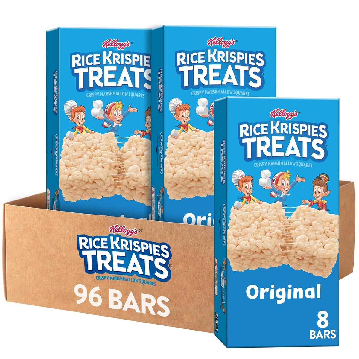 Box of Rice Krispies Treats crispy marshmallow cereal bars, showing 16 individually wrapped snacks in a 12.4oz box.