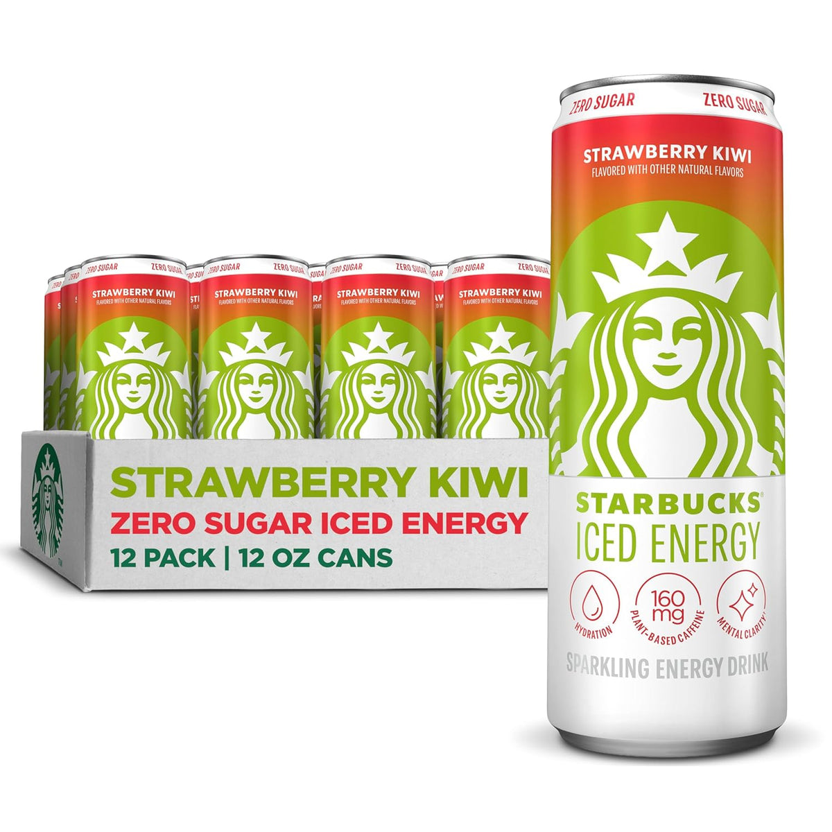 Starbucks Iced Energy Drink variety pack with tropical peach, watermelon splash, and blueberry lemonade cans, zero sugar, plant-based caffeine.