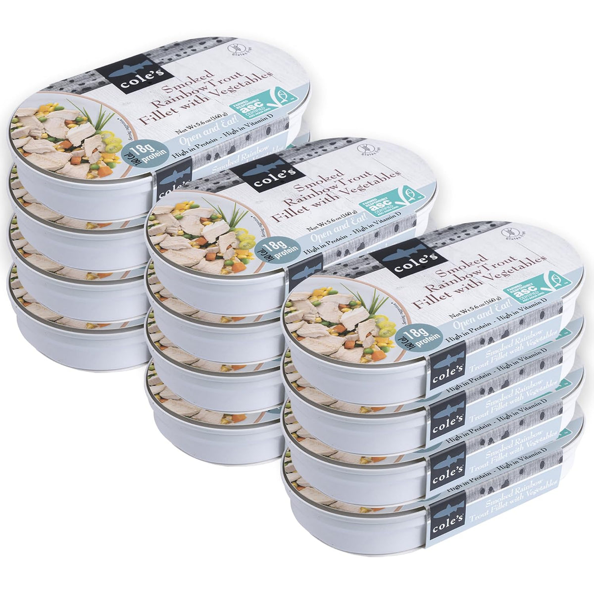 Cole's Ready to Eat Meals variety pack with smoked salmon, trout, quinoa, and vegetables in 5.6 oz cans, high-protein seafood options.