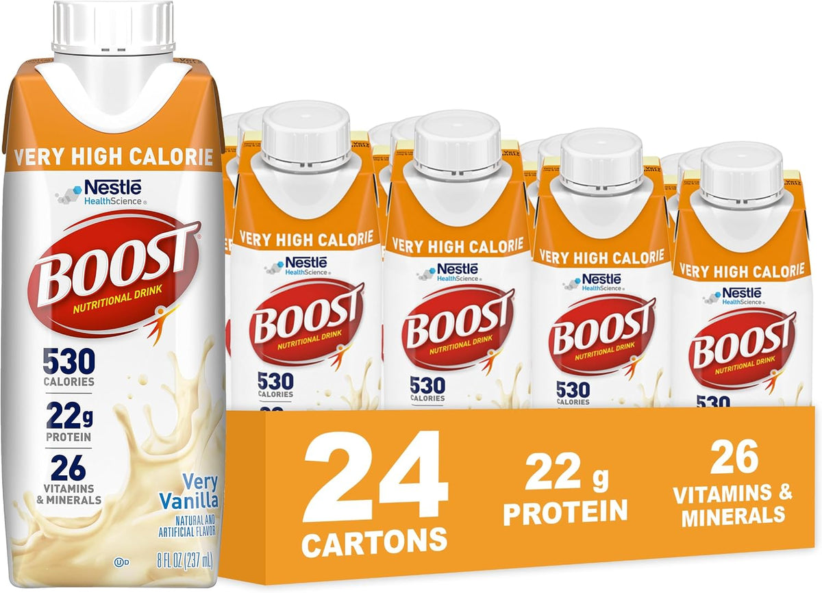 Boost Very High Calorie Nutritional Drink in Very Vanilla flavor, 8 fl oz bottles, 24-pack, featuring creamy vanilla bottles.