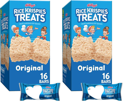 Box of Rice Krispies Treats Crispy Marshmallow Squares cereal bars, 16 bars in a 12.4oz box, featuring golden marshmallow and rice cereal squares.