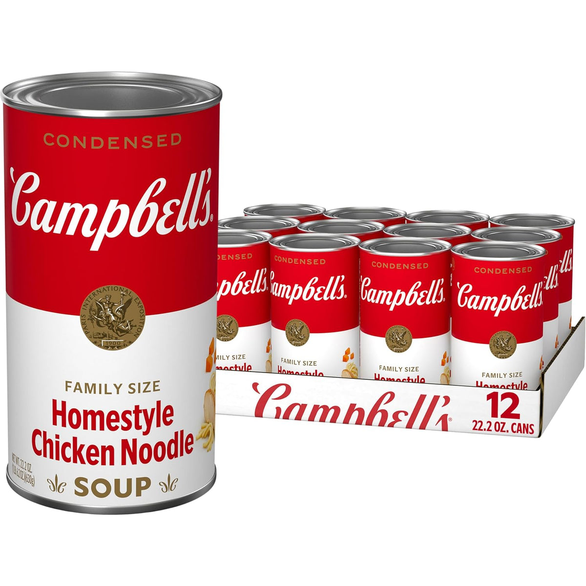 Four 10.75 oz cans of Campbell’s Condensed Chicken Noodle Soup, packaged in a clear cardboard box, showing the soup cans with label details.