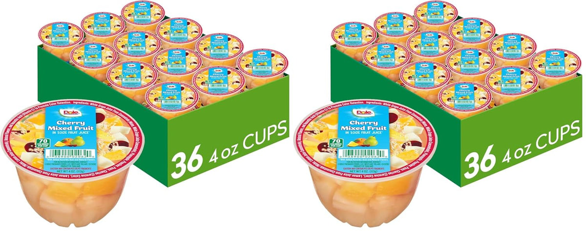 Dole fruit snack cups with diced peaches, mandarin oranges, and cherry mixed fruit in 4 oz containers, 12-pack.