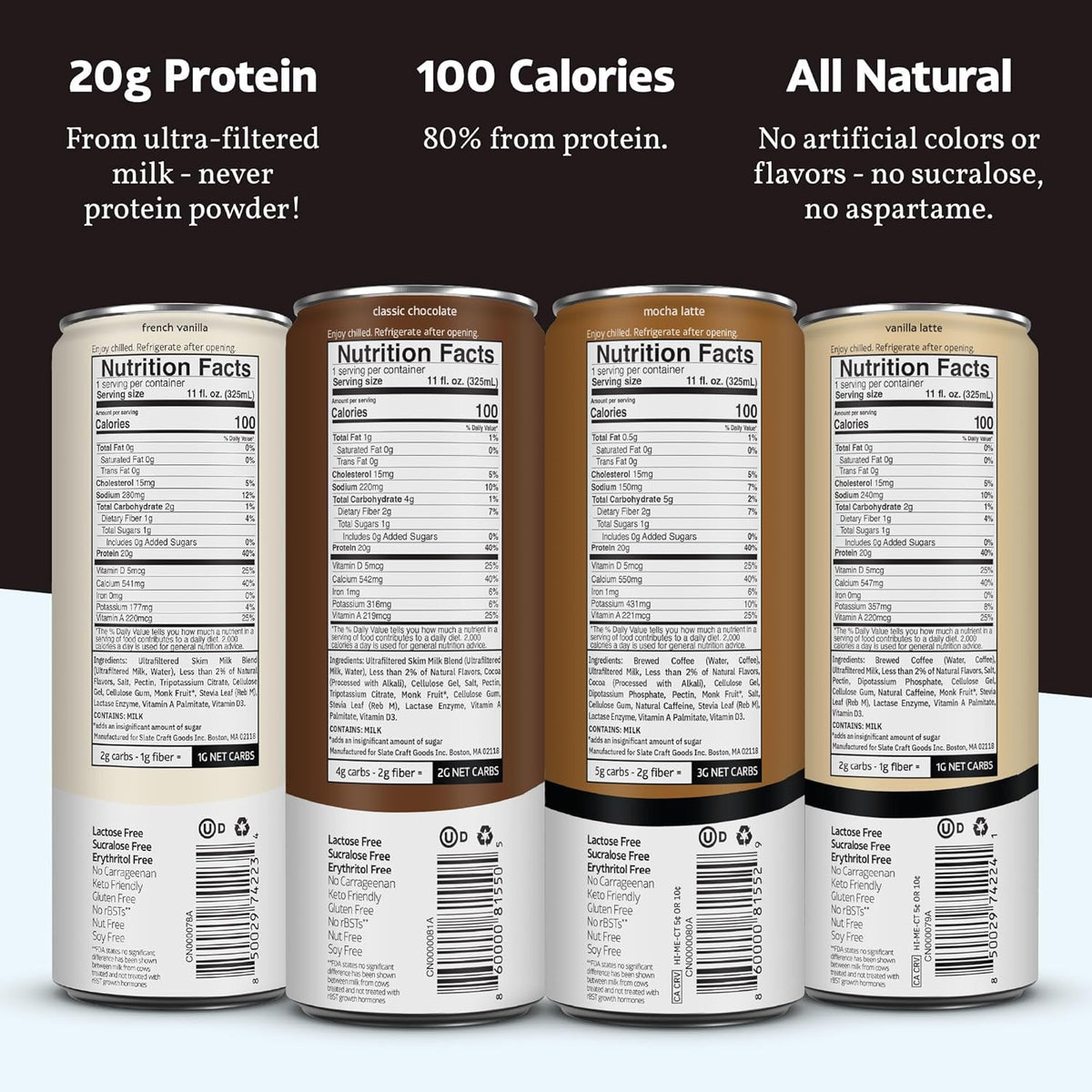 Slate Milk high protein milk shakes and iced coffees in classic chocolate, mocha latte, vanilla latte, and French vanilla flavors.