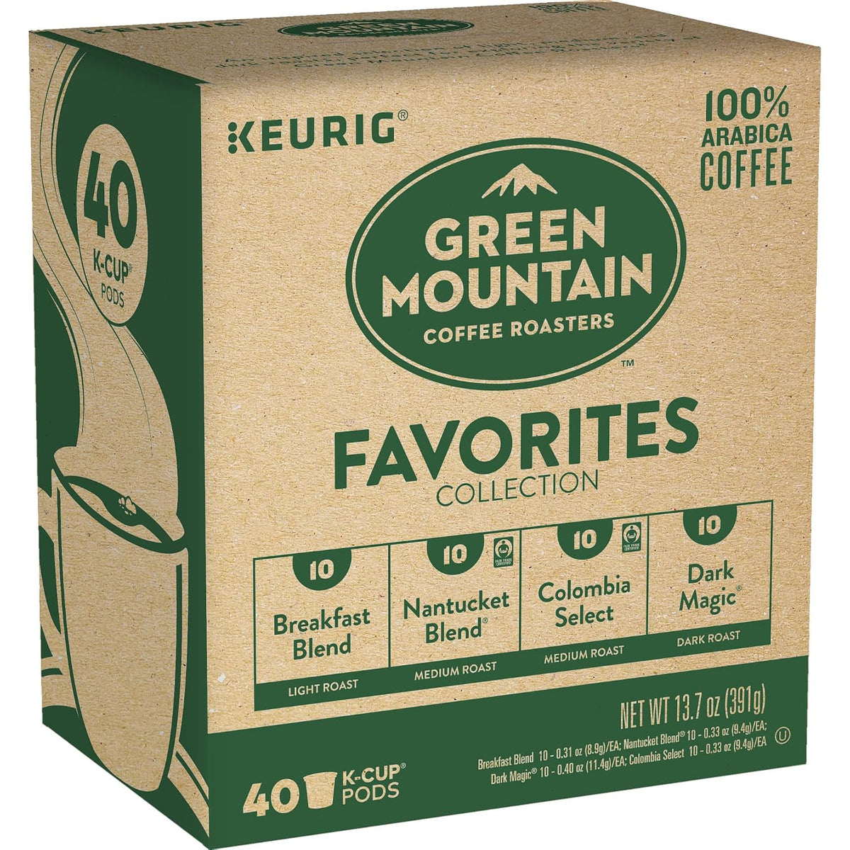 Green Mountain Coffee Roasters Favorites Collection K-Cup coffee pods in green packaging, ready for brewing.