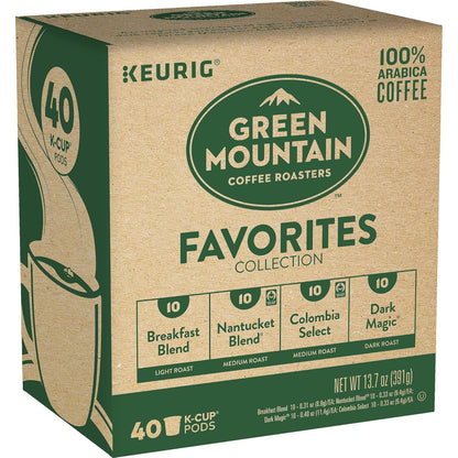 Green Mountain Coffee Roasters Favorites Collection K-Cup coffee pods in green packaging, ready for brewing.