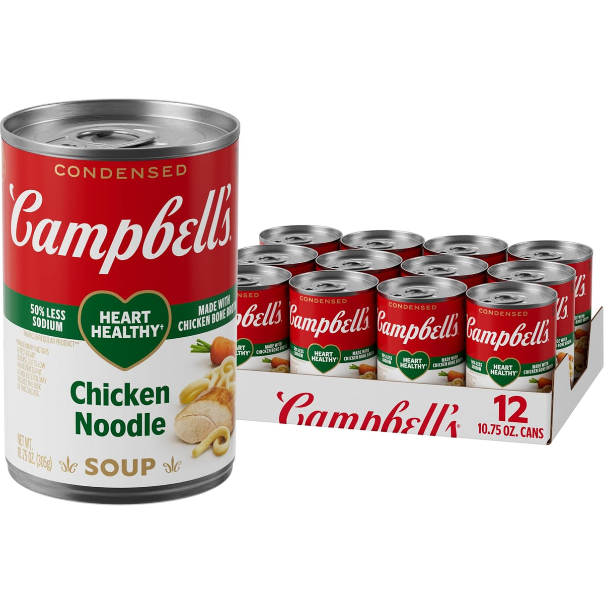 Campbell's Homestyle Chicken Noodle Soup in 10.5 oz cans, pack of 12, featuring classic chicken noodle soup with noodles and chicken pieces