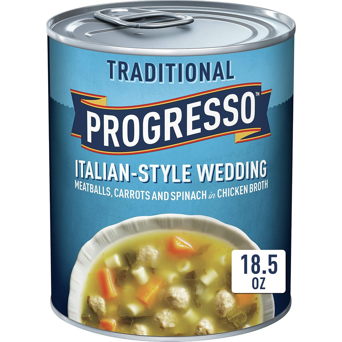 Canned Progresso Traditional Chicken Noodle Soup in 19 oz cans, four-pack, featuring soup with chicken, noodles, and vegetables.