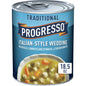 Canned Progresso Traditional Chicken Noodle Soup in 19 oz cans, four-pack, featuring soup with chicken, noodles, and vegetables.