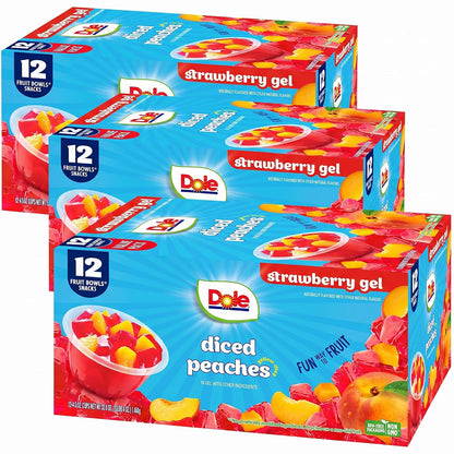 Dole Fruit Bowls Peaches snack cups, 4.3oz, showing open cup with sliced peaches inside on a white background.