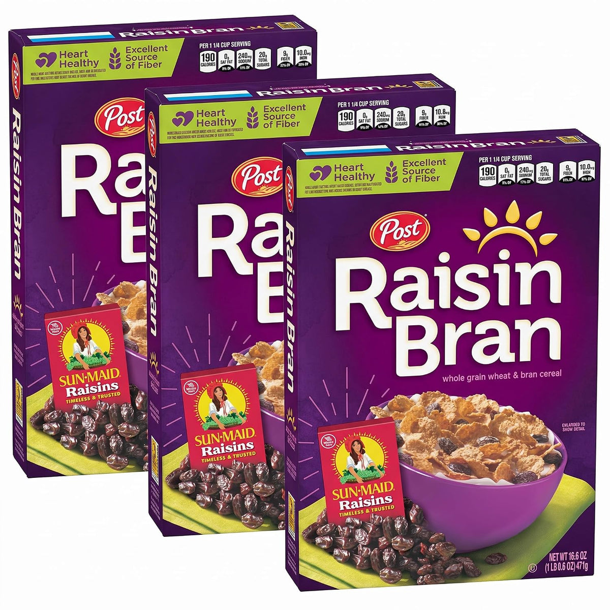 Post Raisin Bran cereal box with whole grain wheat and bran flakes, featuring raisins in a 16.6 oz box.