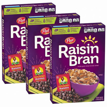 Post Raisin Bran cereal box with whole grain wheat and bran flakes, featuring raisins in a 16.6 oz box.