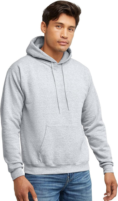 Hanes men's EcoSmart fleece hoodie with a front pocket and drawstring hood, shown in midweight fleece fabric, available in big and tall sizes