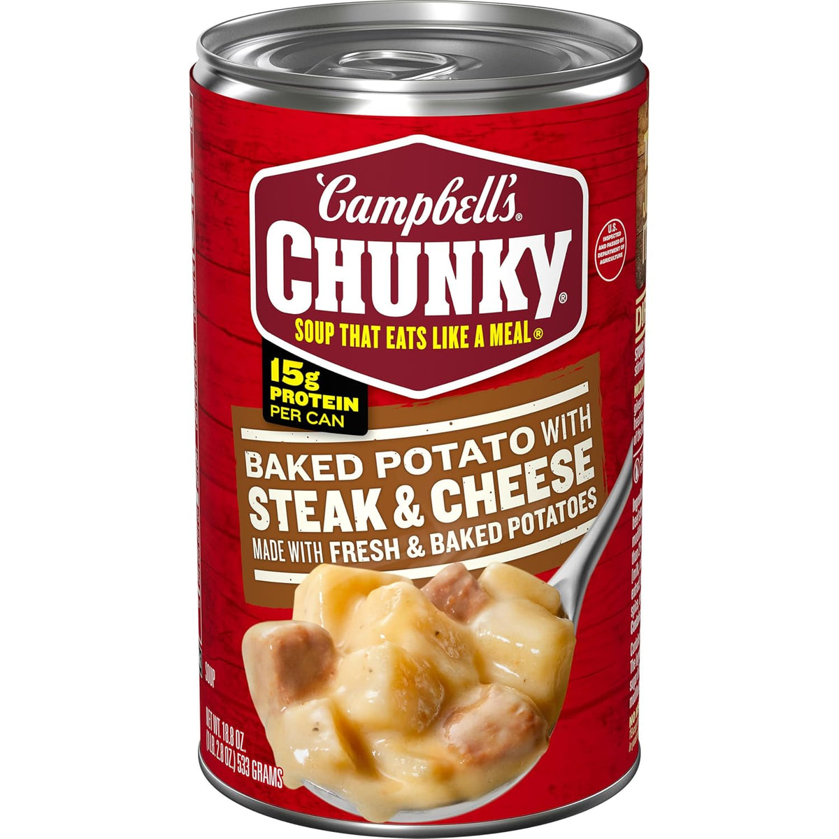 Campbell’s Chunky Baked Potato with Steak & Cheese Soup in an 18.8 oz can, showcasing the hearty soup with chunks of potato, steak, and cheese.
