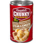 Campbell’s Chunky Baked Potato with Steak & Cheese Soup in an 18.8 oz can, showcasing the hearty soup with chunks of potato, steak, and cheese.