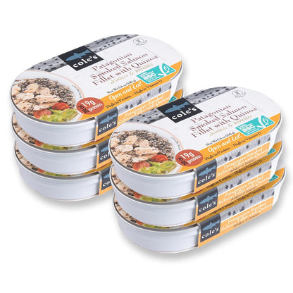 Cole’s Open & Eat Meals variety pack featuring smoked salmon, trout, quinoa, and vegetables in 5.6 oz ready-to-eat cans.