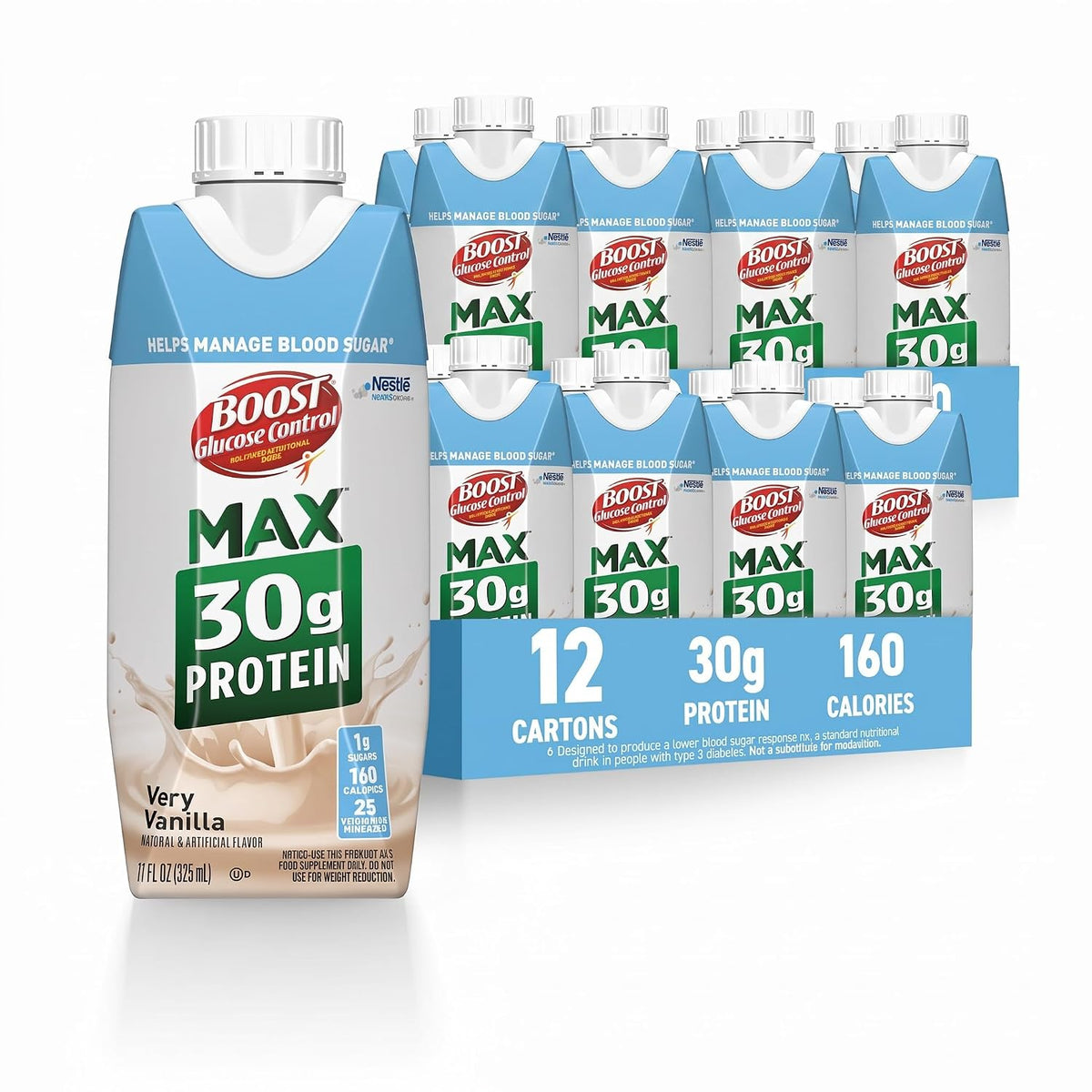 BOOST Glucose Control Max protein drink, Very Vanilla flavor in 11 fl oz bottle, pack of 24, with nutritional ingredients visible.