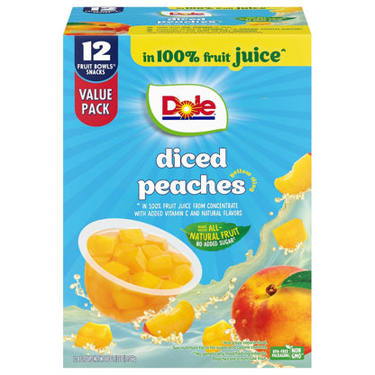 Dole Diced Mango fruit snack cups in 4 oz bowls, 24-pack, showing vibrant diced mango pieces in clear cups.