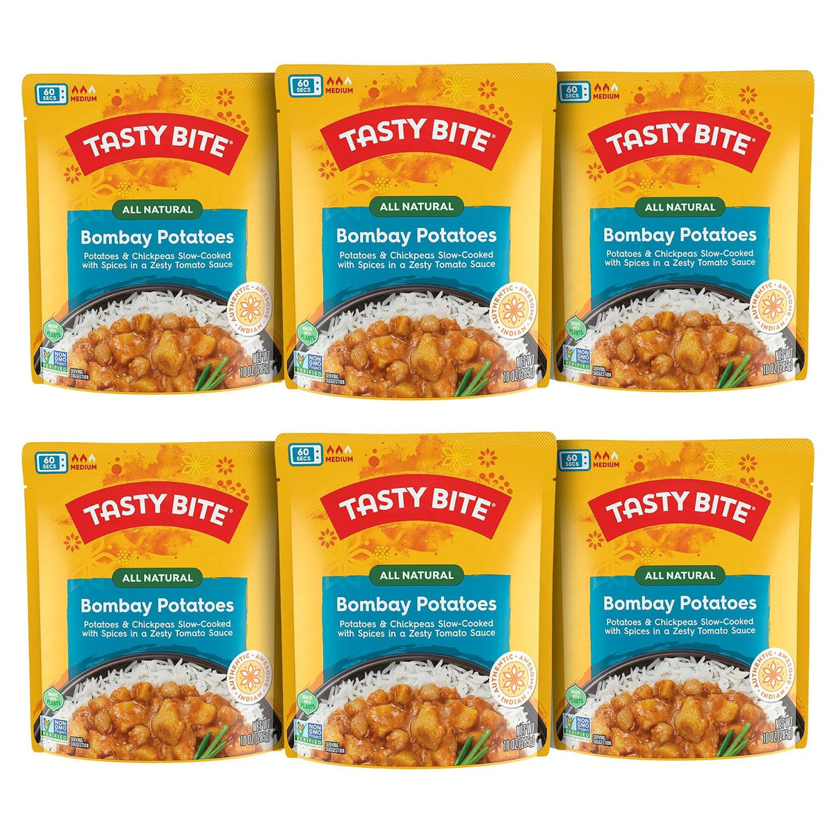 Microwaveable BACKUPMYFILESNOW Indian Bombay Potatoes entrée in a 10-ounce pack, ready to eat, shown in a bowl with spices.